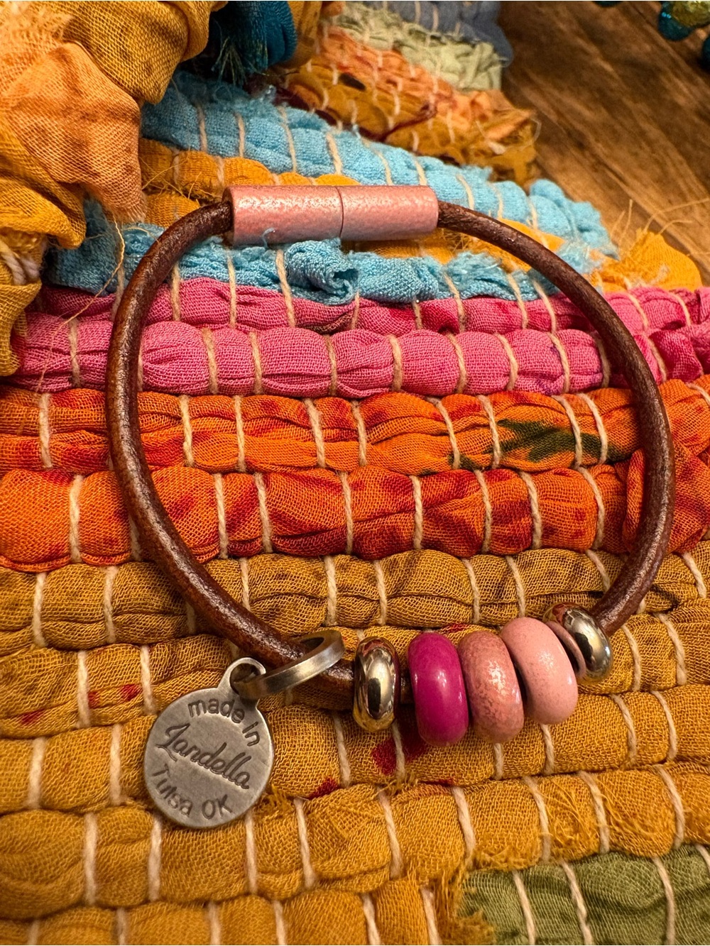 Pink Bead Leather Bracelet with magnet clasp.